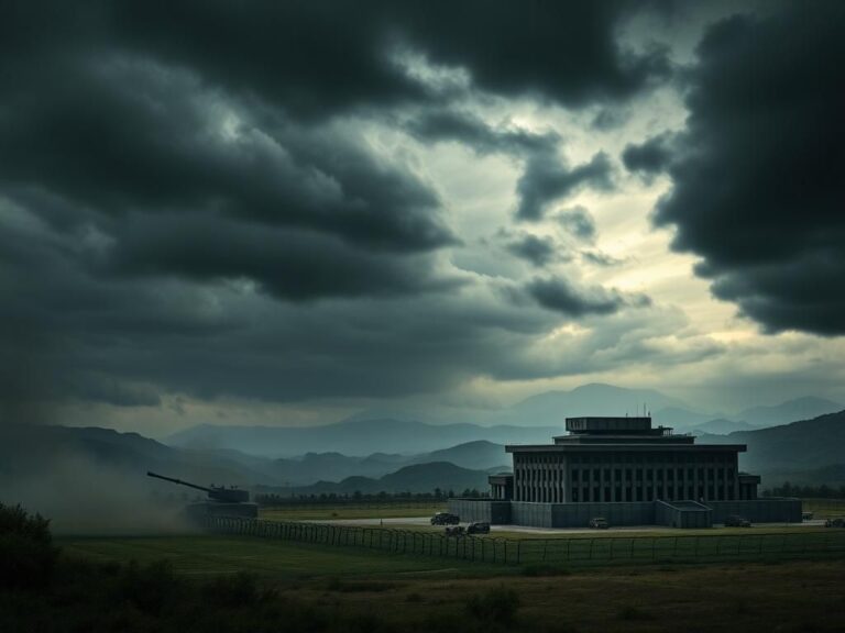 Flick International Dramatic landscape of a North Korean military base amidst stormy skies