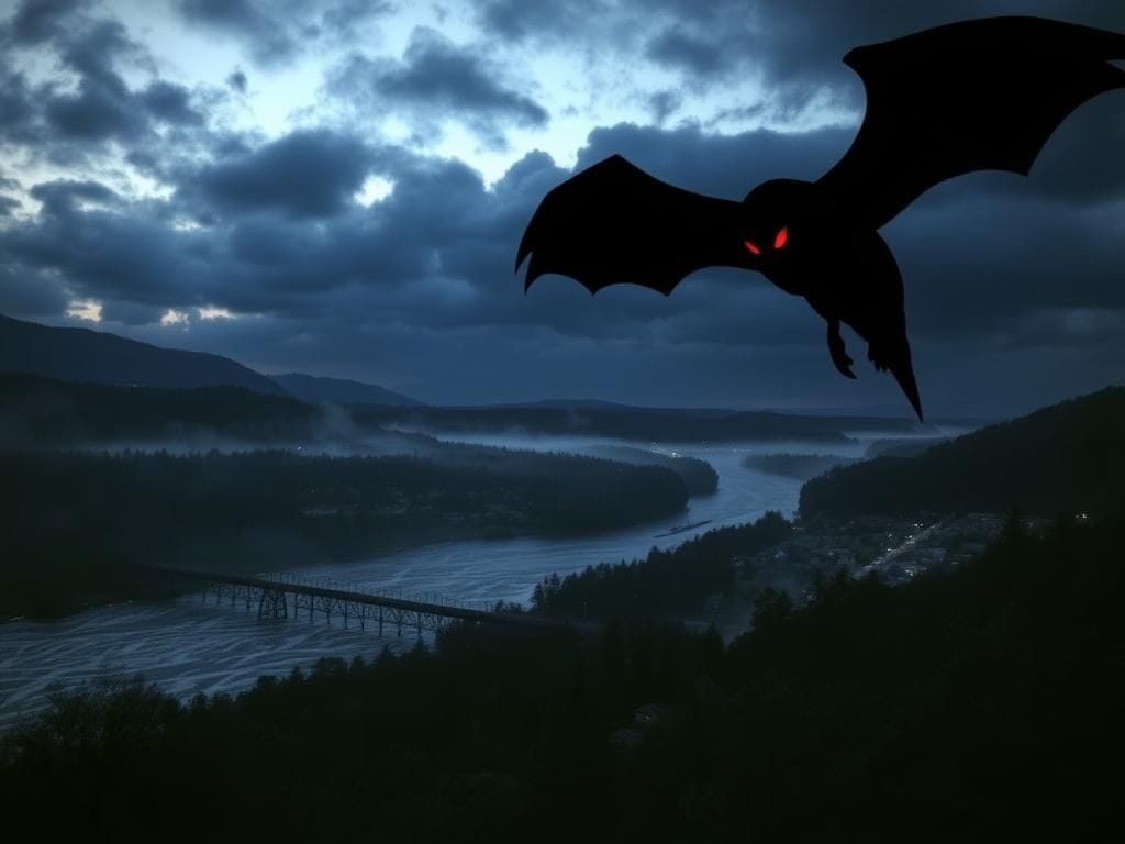 Flick International A misty twilight scene of Point Pleasant, West Virginia, featuring the collapsed Silver Bridge and a Mothman figure with glowing red eyes.