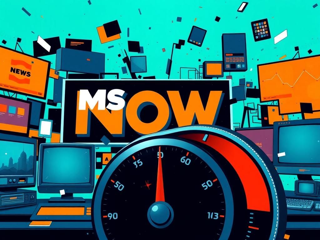 Flick International Abstract representation of MSNBC's logo 'MS NOW' against a backdrop of fragmented computer screens and software designs.