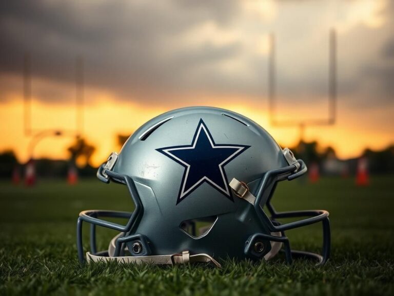 Flick International A close-up of a Dallas Cowboys football helmet on a grass field, showing wear and the iconic blue and silver star emblem.