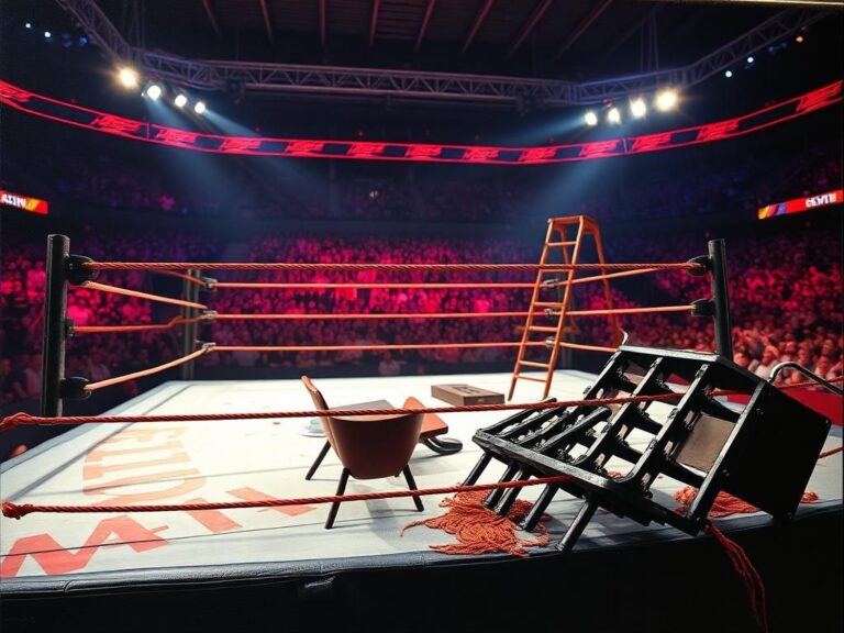 Flick International Intense wrestling ring scene at MetLife Stadium with vibrant lights