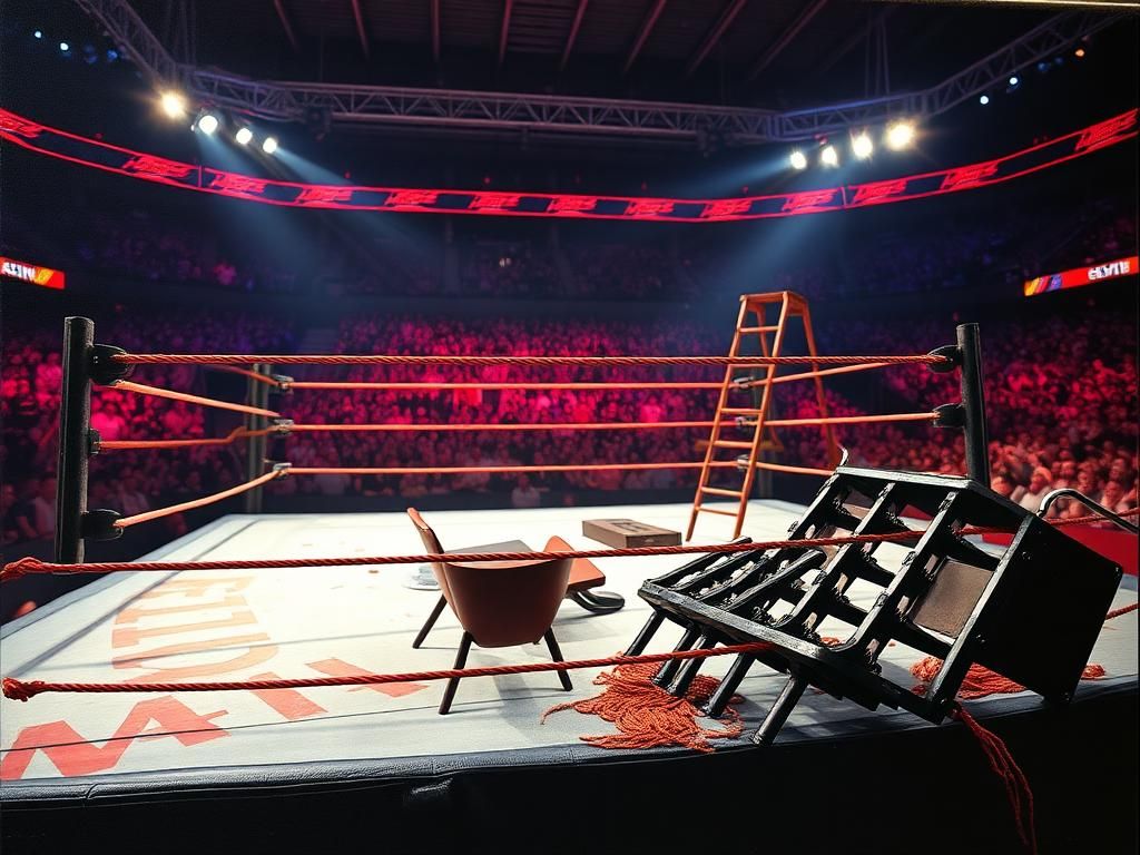 Flick International Intense wrestling ring scene at MetLife Stadium with vibrant lights