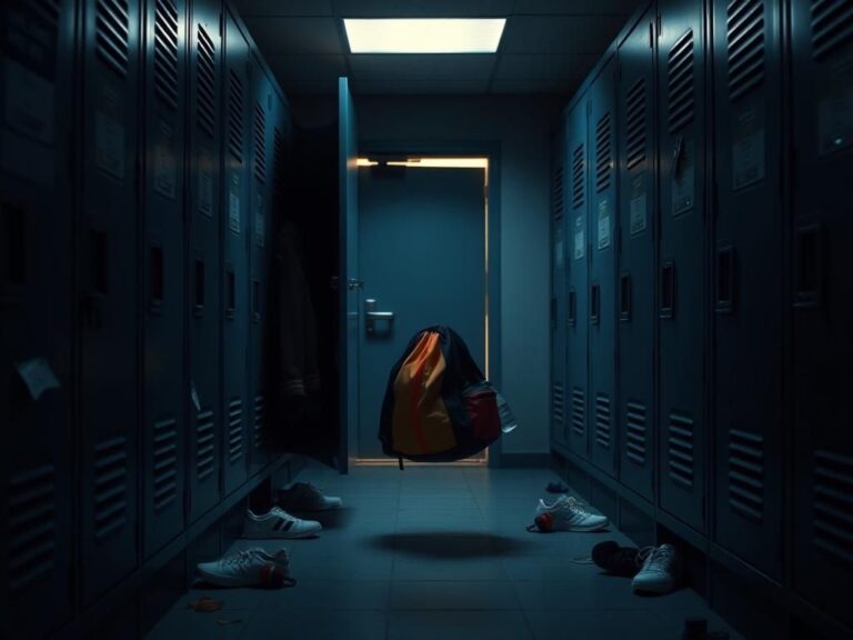 Flick International Dimly lit high school locker room depicting a colorful gym bag and a sense of recent disturbance