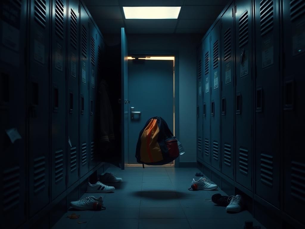 Flick International Dimly lit high school locker room depicting a colorful gym bag and a sense of recent disturbance