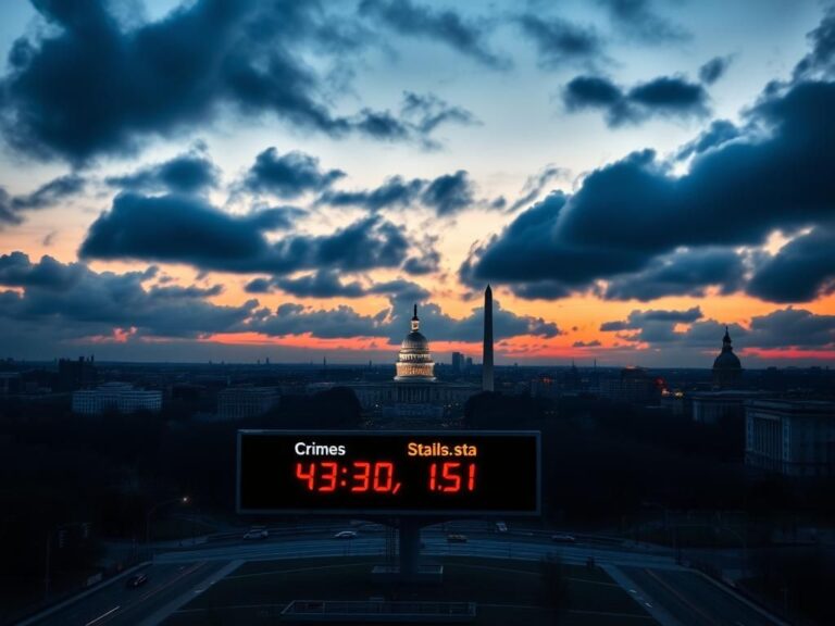 Flick International High-angle view of Washington, D.C. skyline at twilight with digital billboard displaying crime statistics