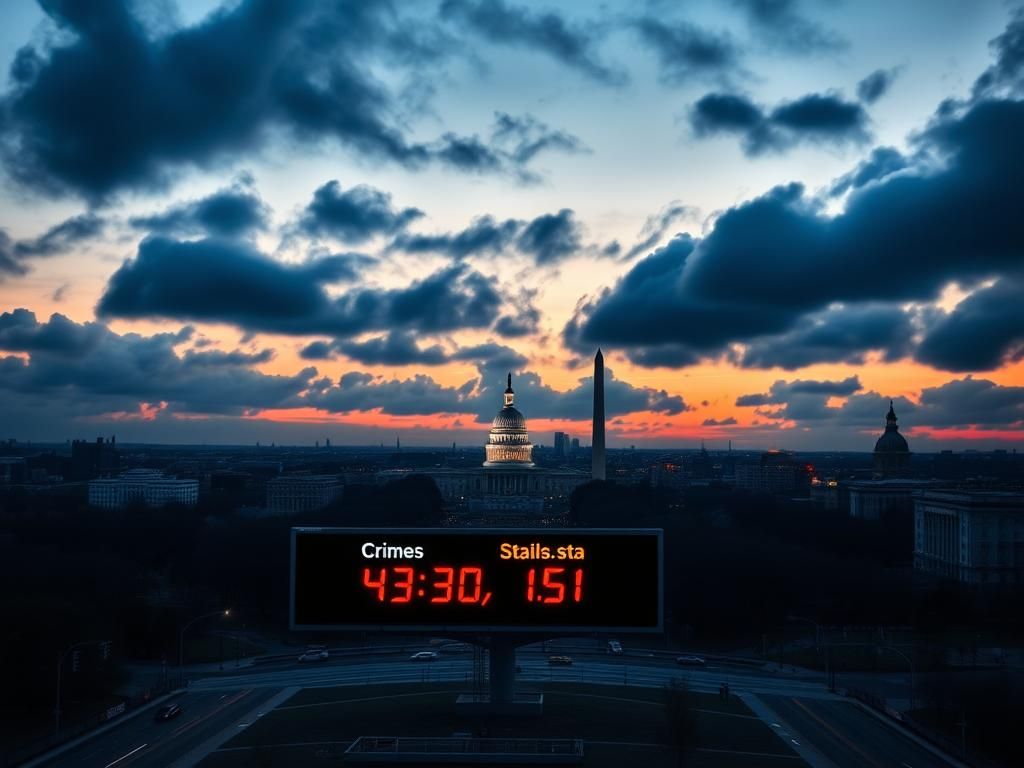 Flick International High-angle view of Washington, D.C. skyline at twilight with digital billboard displaying crime statistics