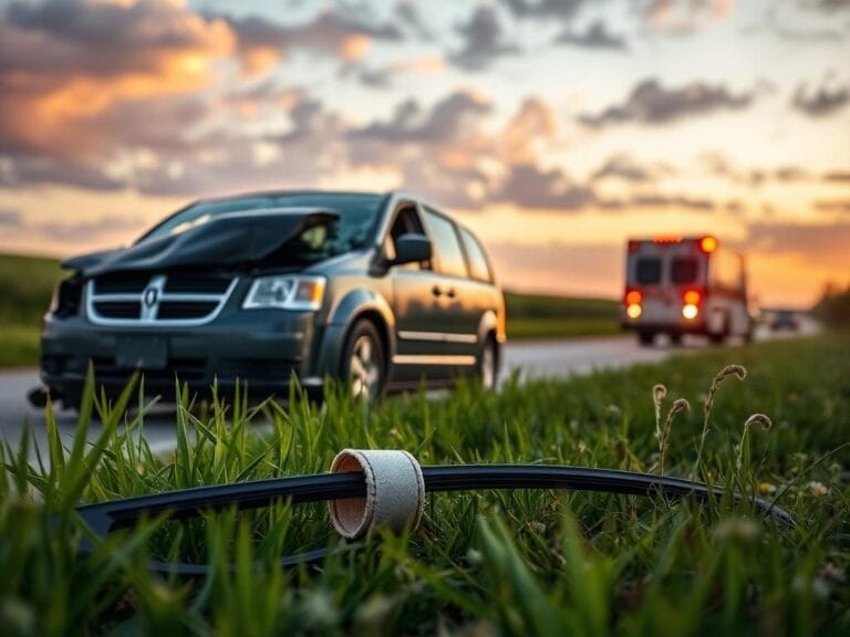 Flick International A crumpled Dodge Grand minivan with shattered glass off the road after a serious crash in Iowa