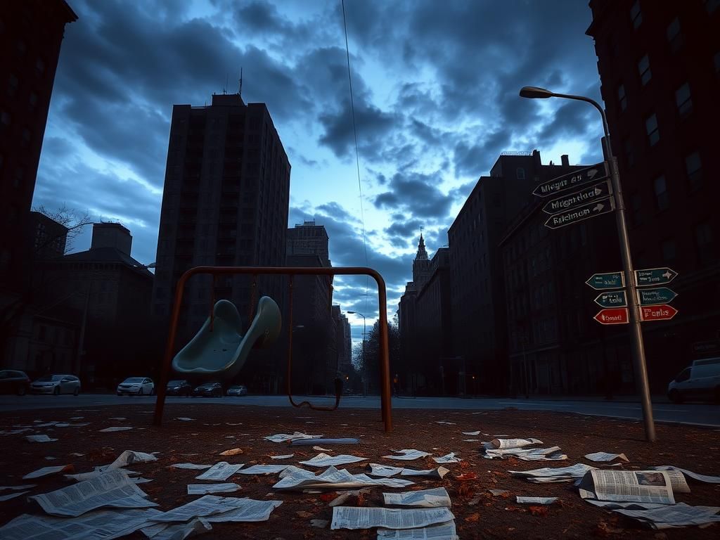 Flick International A dark, somber street in Boston with a neglected playground symbolizing lost innocence