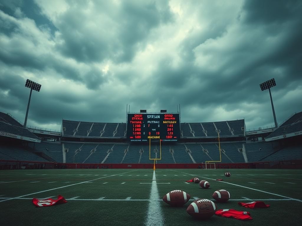 Flick International A dramatic view of an empty college football stadium under a cloudy sky, symbolizing tension and uncertainty in college sports.
