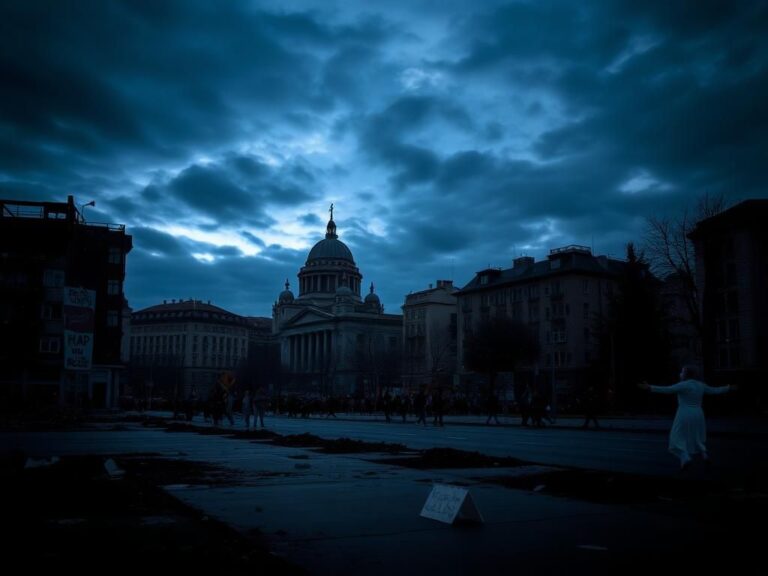 Flick International Urban landscape of Belgrade at dusk with protest signs and a historic cathedral