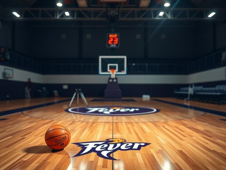 Flick International Indoor basketball court featuring Indiana Fever logo with an abandoned orange basketball, symbolizing missed opportunities due to injury