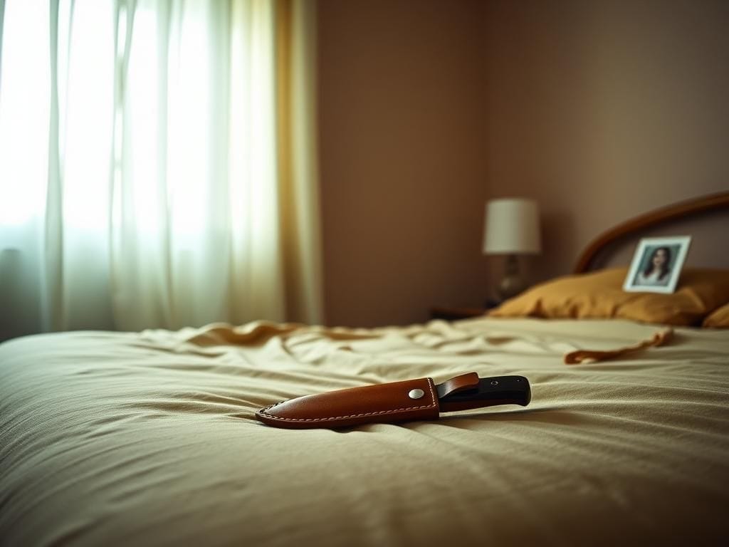 Flick International dimly lit bedroom interior with a tan comforter and a Ka-Bar knife sheath