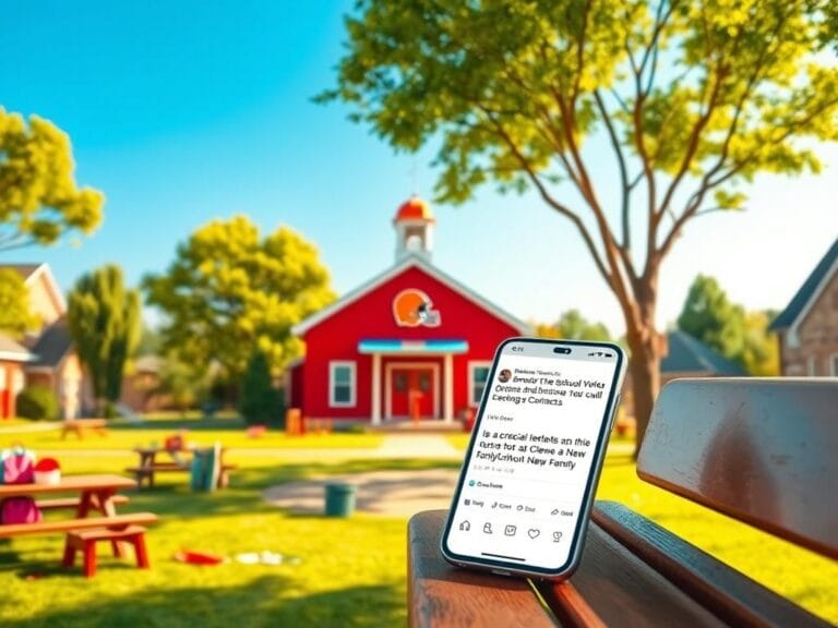 Flick International Child's elementary school scene with a bright red schoolhouse and colorful playground equipment