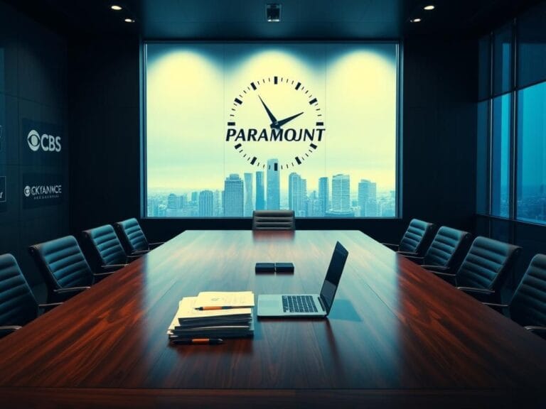 Flick International Corporate boardroom with polished wooden table and media logos