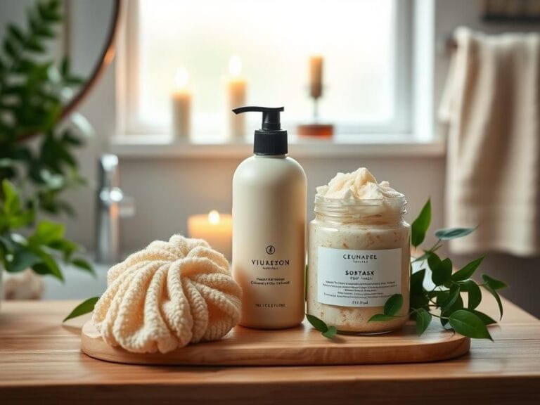 Flick International A serene bathroom scene showcasing skincare products on a wooden vanity surrounded by greenery