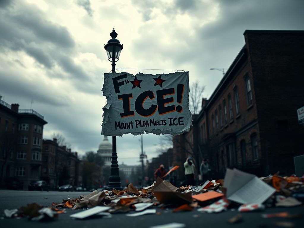 Flick International A partially torn anti-ICE sign hanging from a lamppost in a tense Washington, D.C. neighborhood