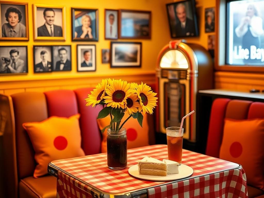 Flick International Cozy diner scene reminiscent of classic sitcoms with vibrant decorations and a vintage jukebox