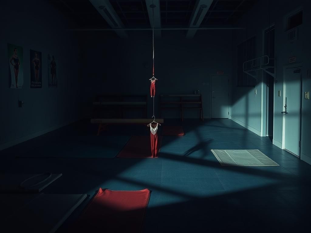 Flick International Dimly lit gymnastics training gym with colorful, worn mats and equipment in the background