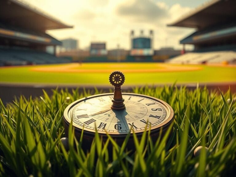 Flick International Vintage sundial in lush green grass with a blurred baseball field background