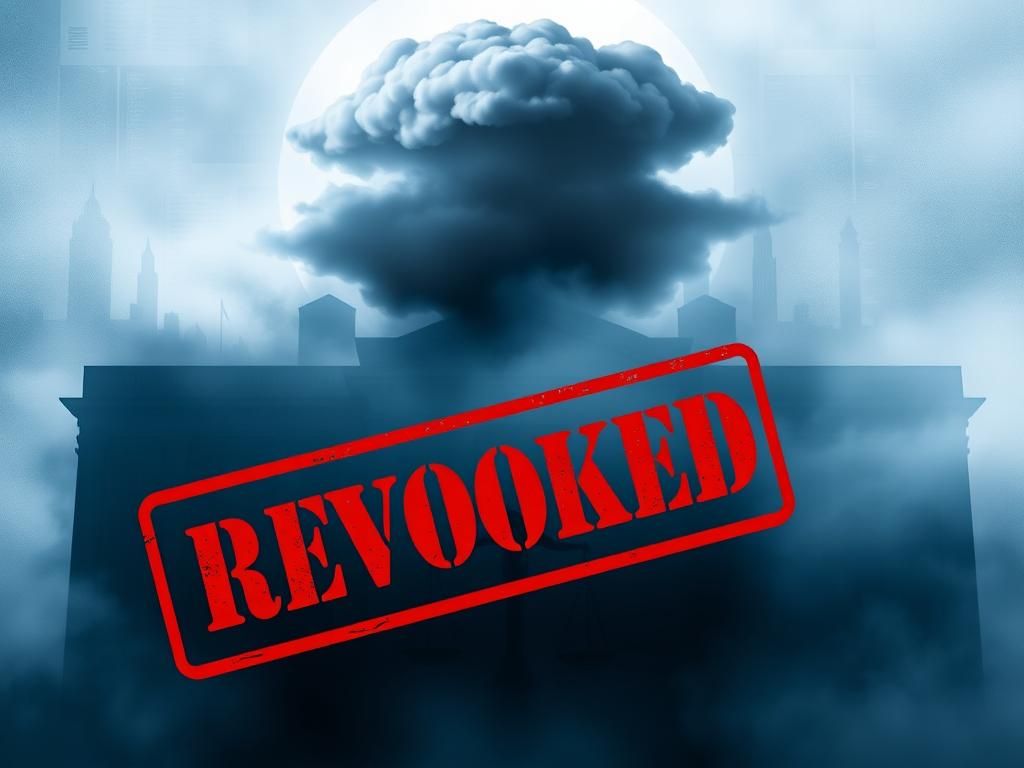 Flick International Dramatic representation of intelligence clearance revocations with a shadowy government building and a large 'REVOKED' stamp