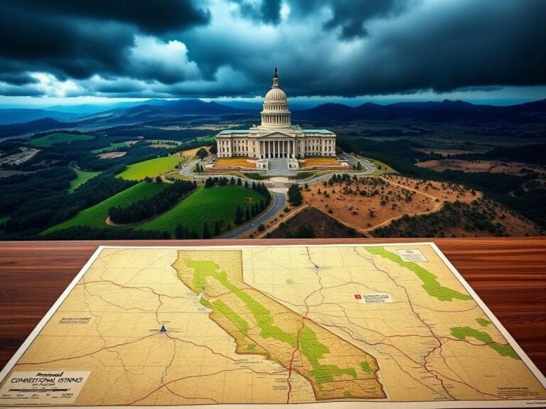 Flick International Aerial view of California landscape highlighting political divisions with green hills and dry areas