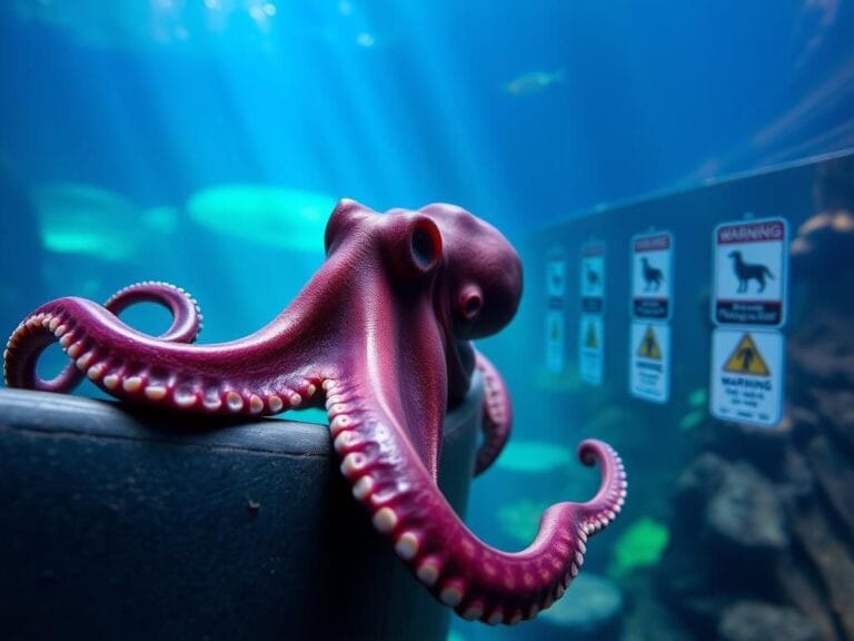 Flick International Giant Pacific octopus with extended tentacles suctioned onto aquarium barrier