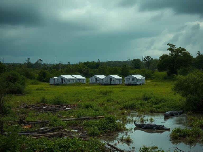 Flick International A dramatic view of a migrant detention center with makeshift tents and trailers surrounded by the Everglades wetlands