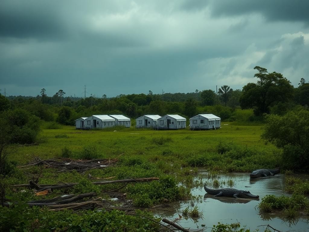 Flick International A dramatic view of a migrant detention center with makeshift tents and trailers surrounded by the Everglades wetlands