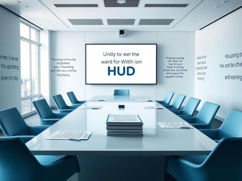 Flick International Empty conference room of the Department of Housing and Urban Development, showcasing English text on a large screen