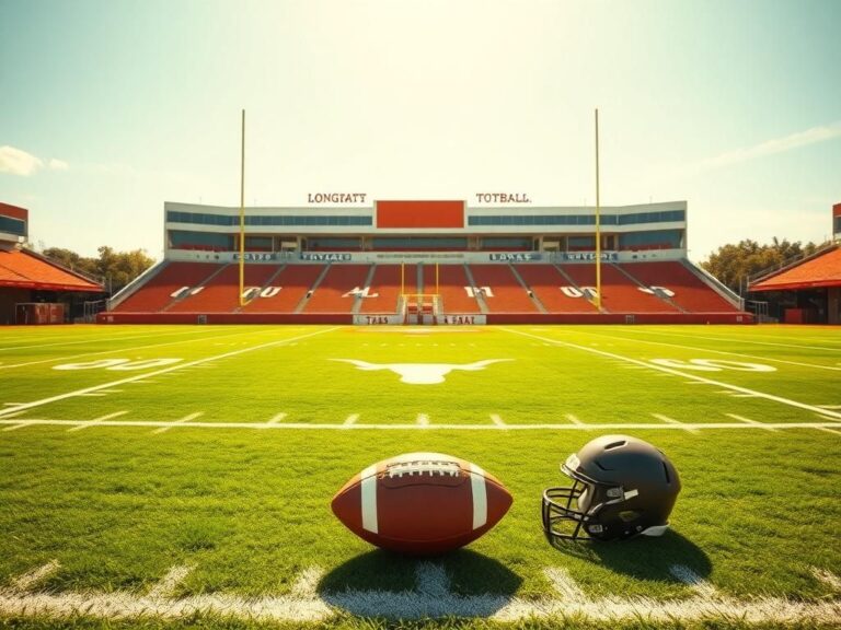 Flick International A football field under a bright Texas sky, featuring the Longhorn logo at the center and a football on a tee