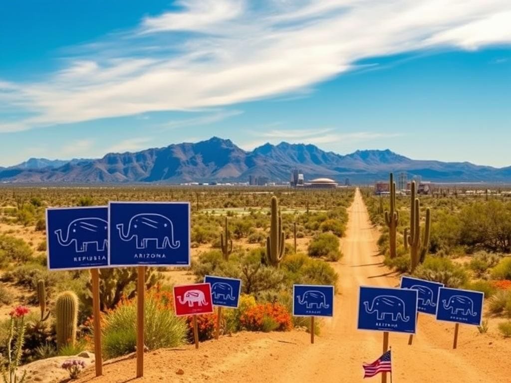 Flick International Aerial view of Arizona's desert landscape with political campaign signs
