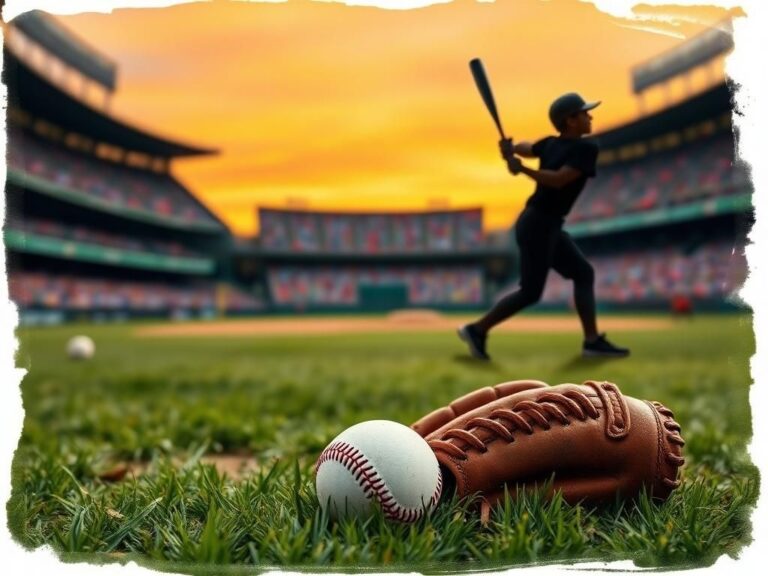Flick International Dusty baseball glove and ball resting on grass in front of a grand stadium during sunset