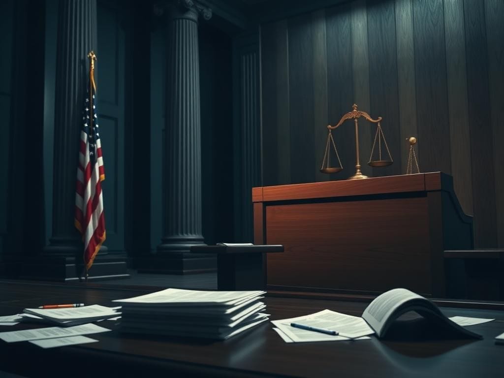 Flick International Dramatic courtroom scene with an empty judge's bench and broken scale of justice symbolizing legal chaos and imbalance