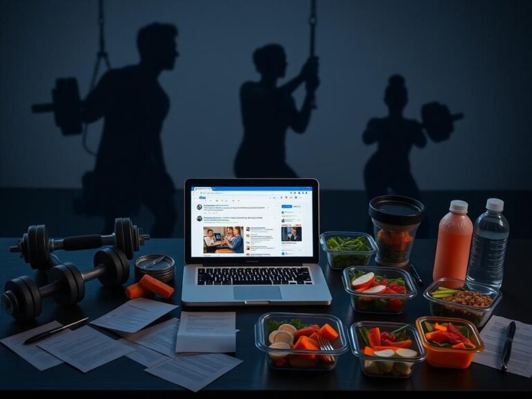 Flick International A dramatic still-life composition featuring a laptop displaying social media posts, surrounded by fitness accessories and healthy meal prep containers.