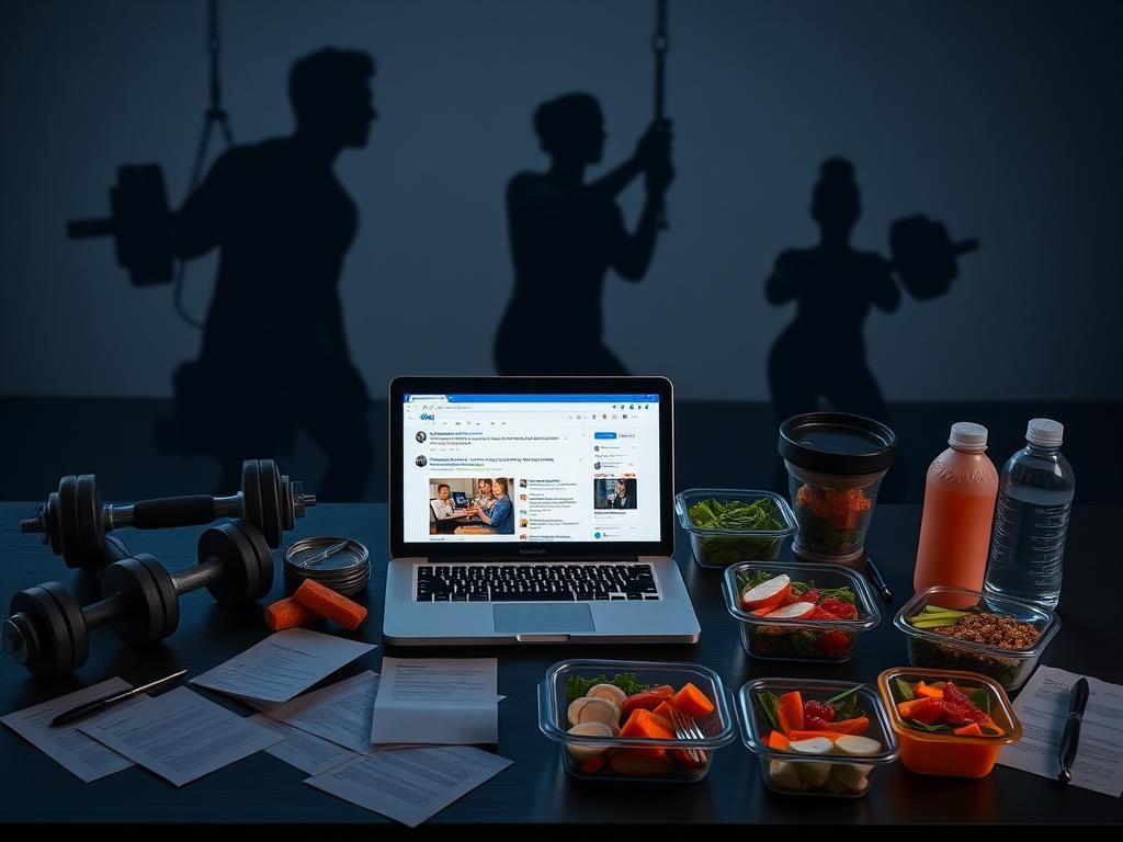 Flick International A dramatic still-life composition featuring a laptop displaying social media posts, surrounded by fitness accessories and healthy meal prep containers.