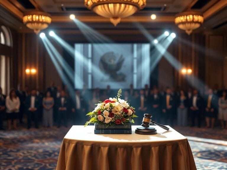 Flick International Elegant ballroom setting at the Seventh Circuit Judicial Conference with podium and flowers