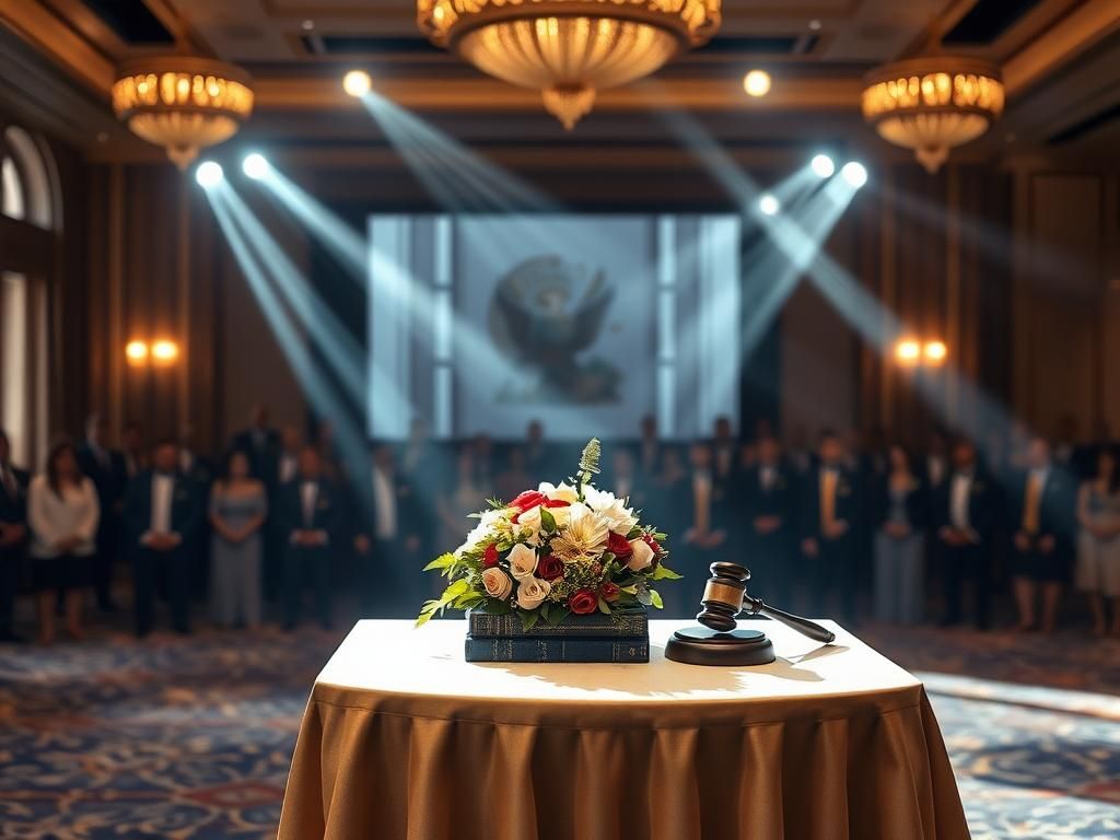 Flick International Elegant ballroom setting at the Seventh Circuit Judicial Conference with podium and flowers
