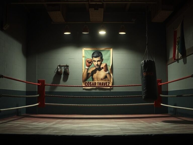 Flick International Dramatic scene of an empty boxing gym with worn-out ropes and shadows of boxing gloves