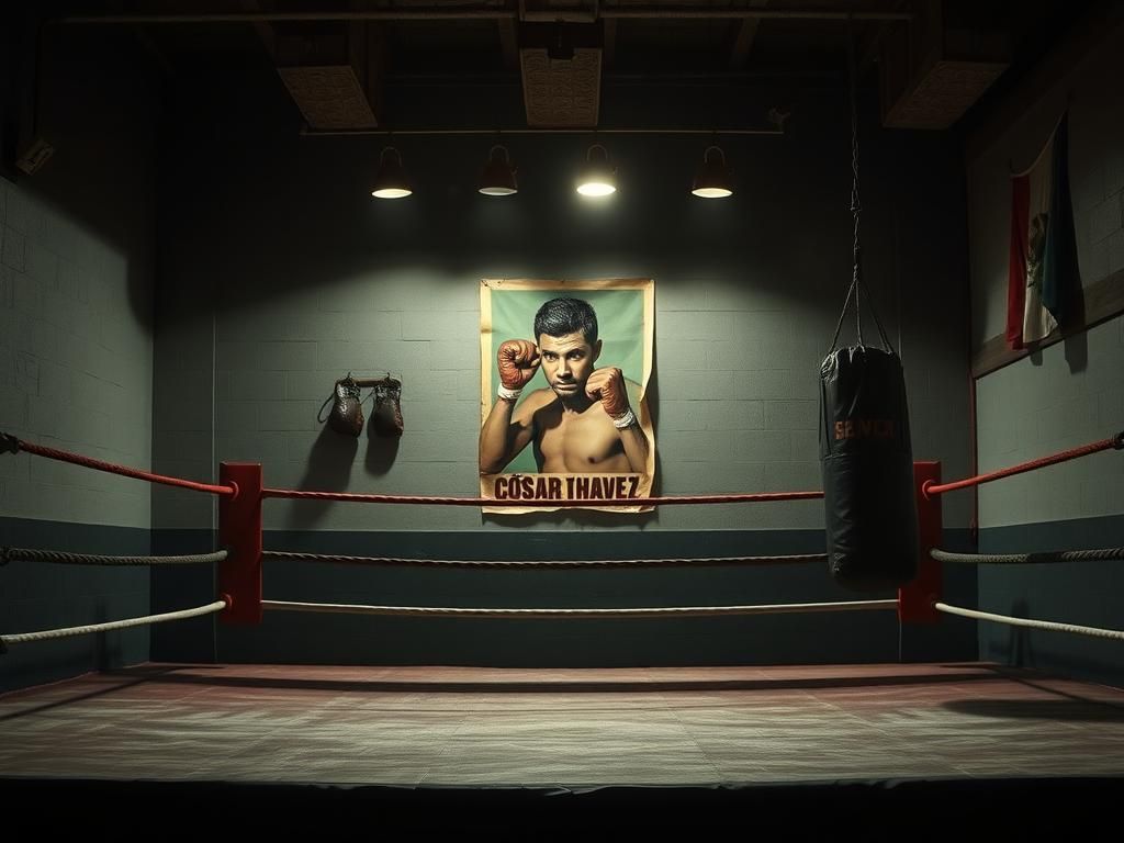 Flick International Dramatic scene of an empty boxing gym with worn-out ropes and shadows of boxing gloves