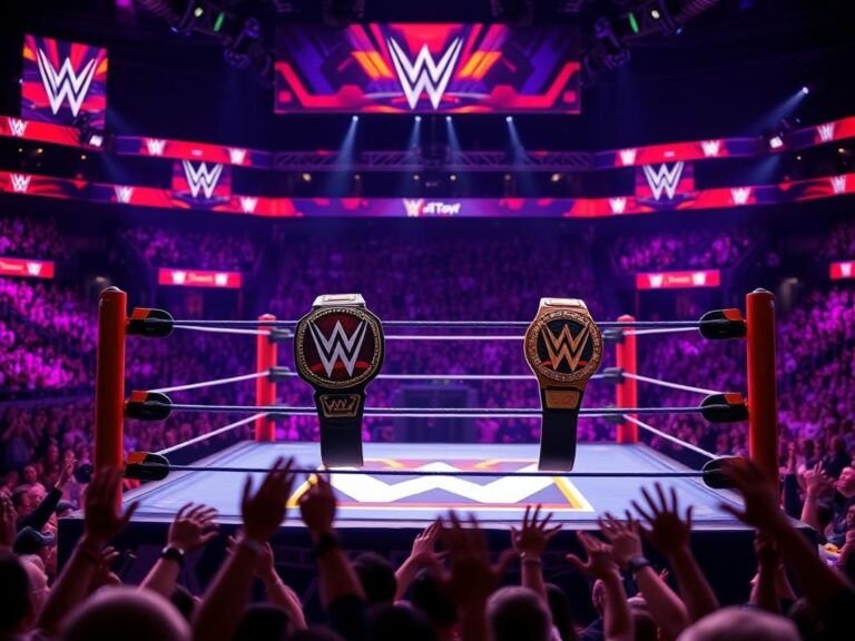 Flick International A vibrant wrestling ring at SummerSlam featuring championship belts and an excited crowd