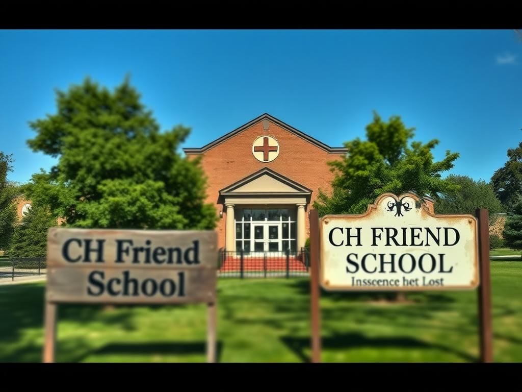Flick International Exterior view of CH Friend School with lush trees and a cross symbol