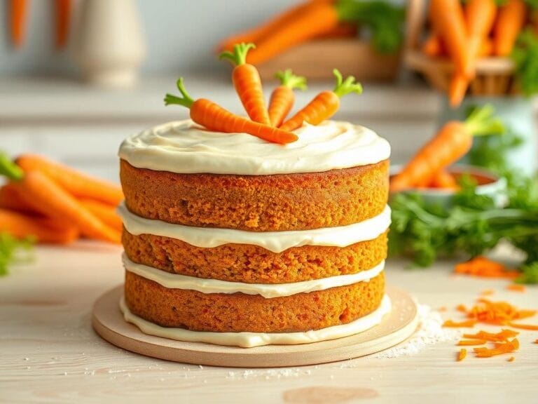 Flick International Close-up of a beautifully arranged homemade carrot cake on a wooden table with colorful carrot decorations