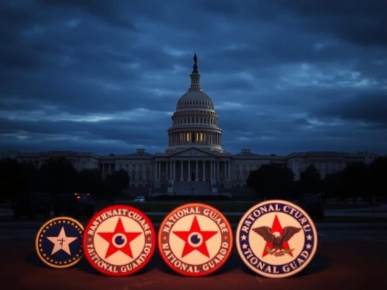 Flick International The Washington, D.C. skyline at dusk featuring the Capitol Building and Washington Monument with National Guard presence