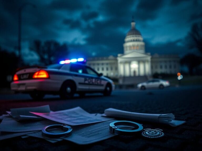 Flick International Nighttime scene outside a police station with flashing lights and scattered legal documents