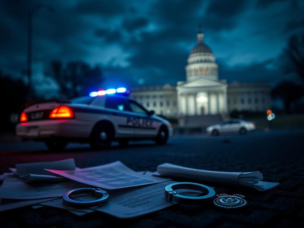 Flick International Nighttime scene outside a police station with flashing lights and scattered legal documents