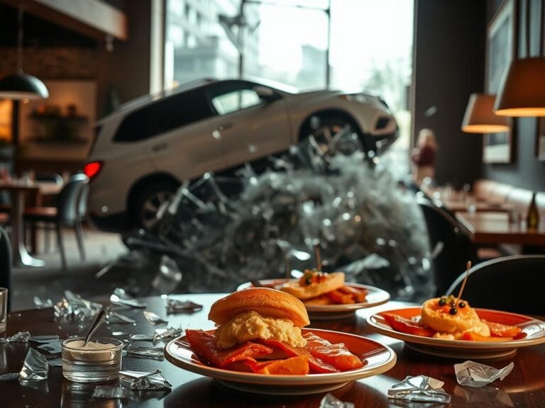 Flick International Aftermath of an SUV crashing into Cuvée's Culinary Creations restaurant, showcasing shattered glass and modern decor.