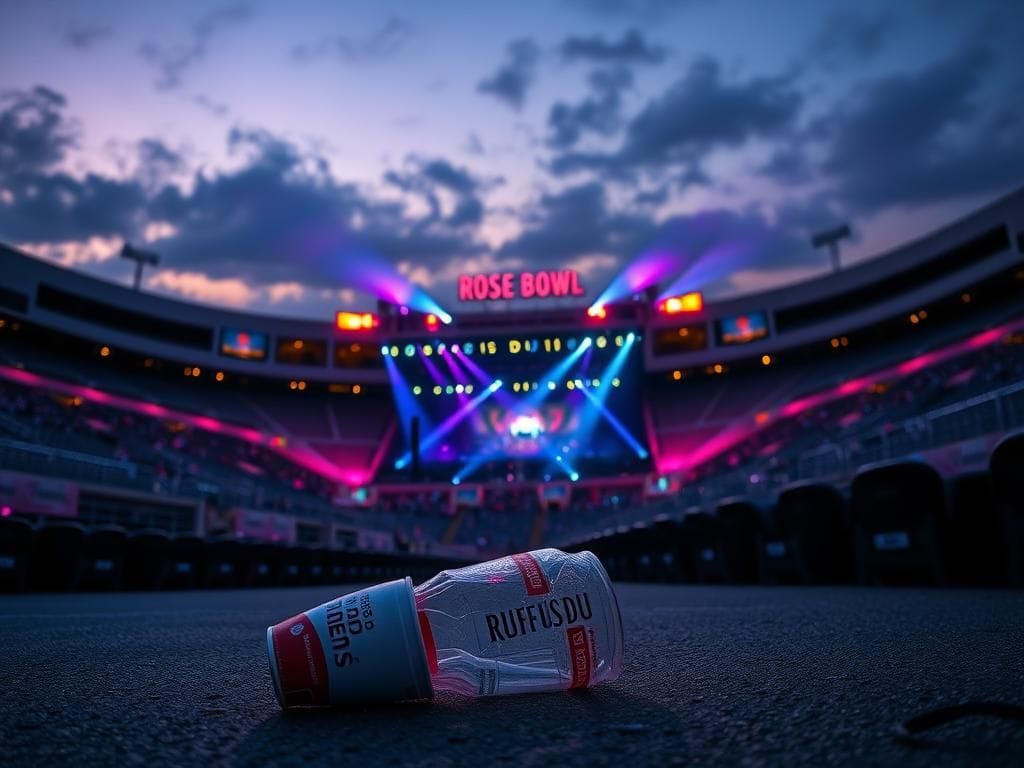 Flick International A vibrant view of the Rose Bowl stadium illuminated with colorful stage lights during a Rüfüs Du Sol concert.