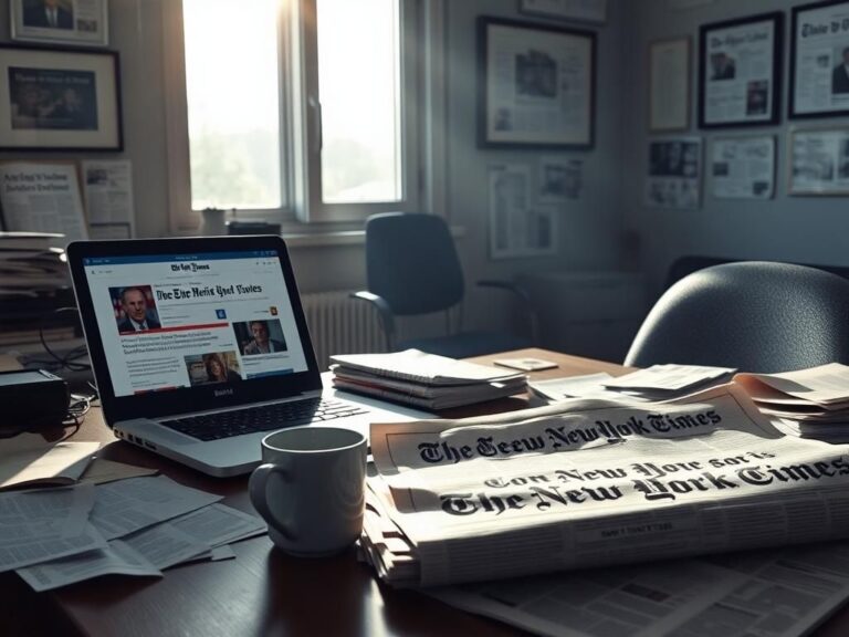 Flick International A cluttered newspaper office desk featuring an open laptop and 'The New York Times' visible among scattered papers.