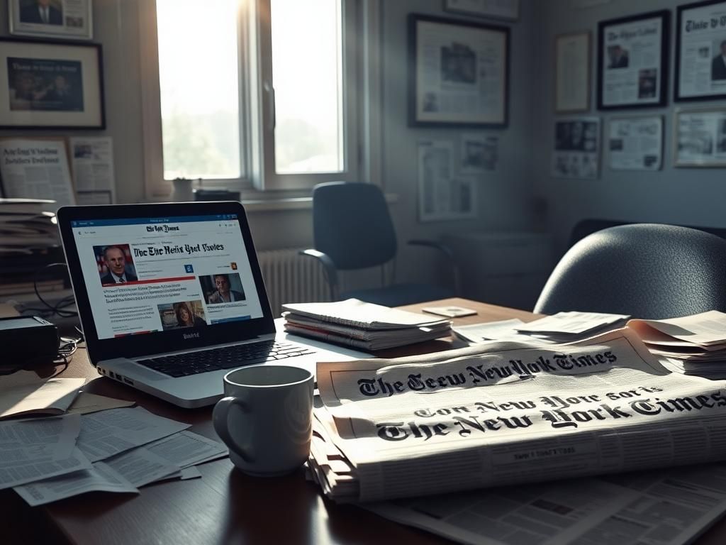 Flick International A cluttered newspaper office desk featuring an open laptop and 'The New York Times' visible among scattered papers.