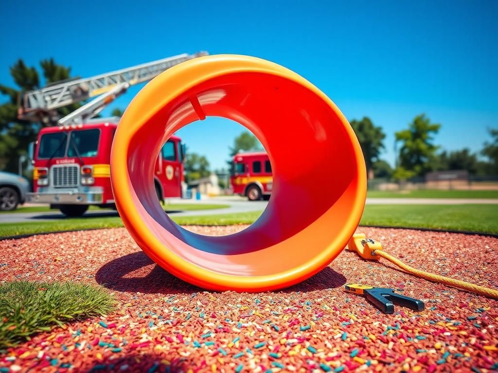 Flick International Brightly colored playground slide with a long shadow under the summer sun